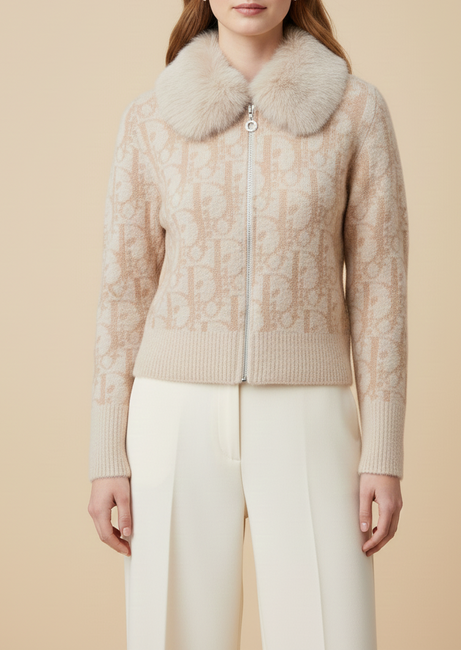 Beige Fuzzy Knit Cardigan with Plush Faux Fur Collar