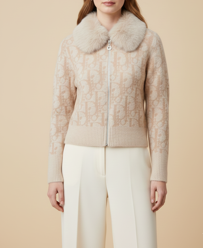 Beige Fuzzy Knit Cardigan with Plush Faux Fur Collar