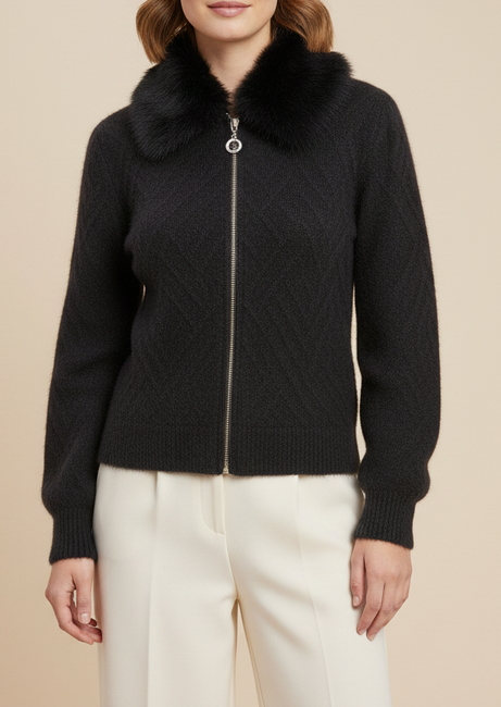 Charcoal Black Fuzzy Knit Cardigan with Faux Fur Collar