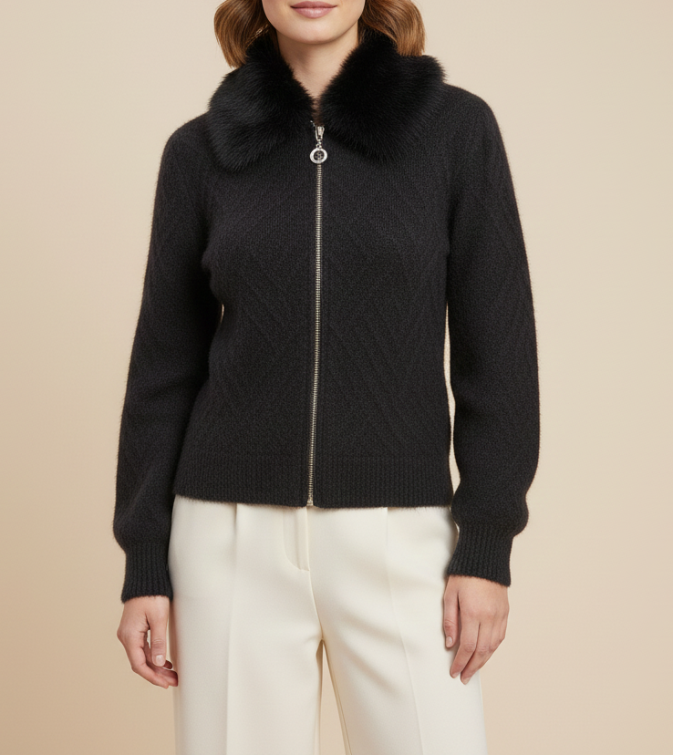 Charcoal Black Fuzzy Knit Cardigan with Faux Fur Collar