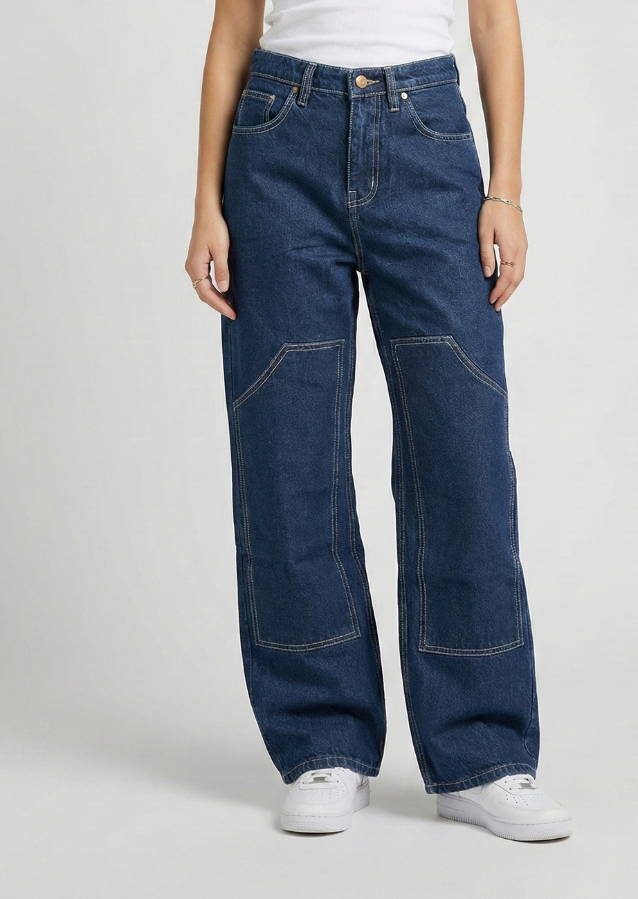 Women’s High-Rise Baggy Wide-Leg Jeans with Contrast Stitching