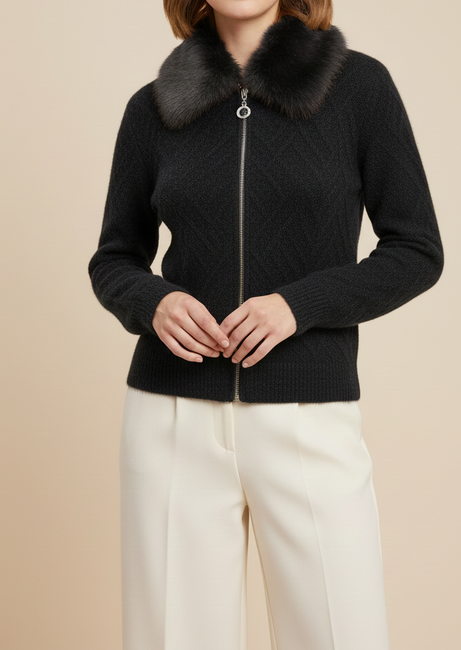 Charcoal Black Fuzzy Knit Cardigan with Faux Fur Collar