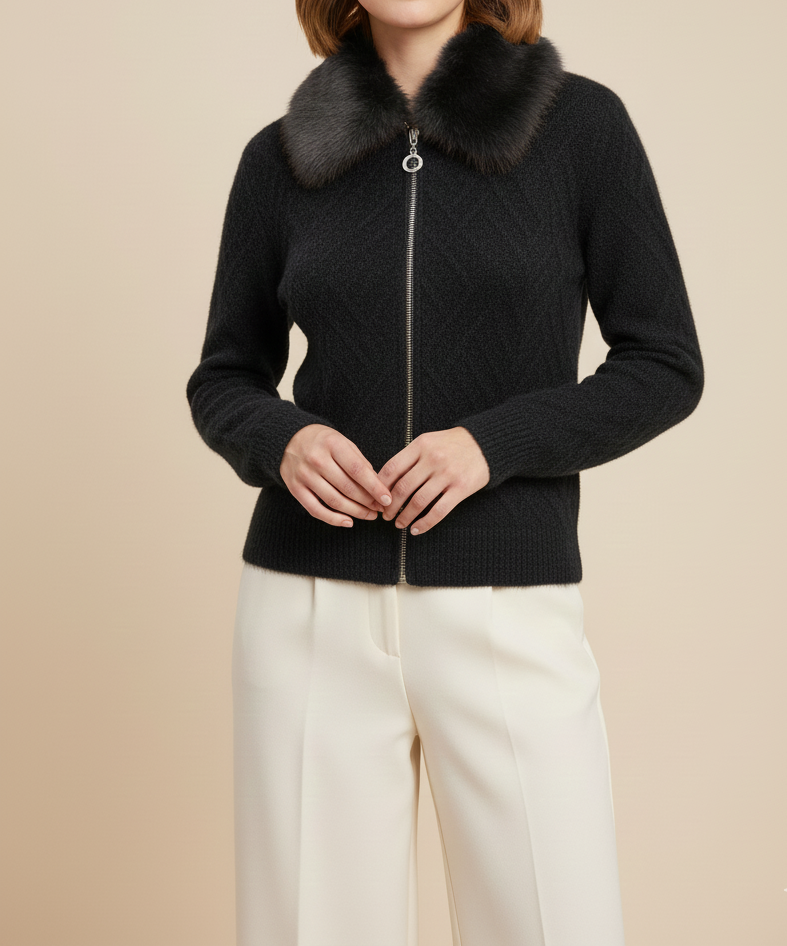 Charcoal Black Fuzzy Knit Cardigan with Faux Fur Collar