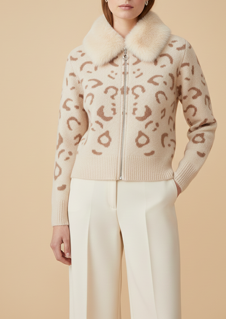 Cream Leopard Knit Cardigan with Faux Fur Collar