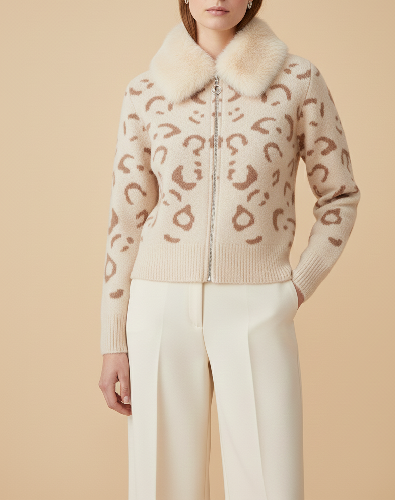 Cream Leopard Knit Cardigan with Faux Fur Collar