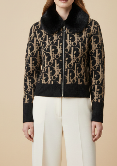 black Leopard Knit Cardigan with Faux Fur Collar