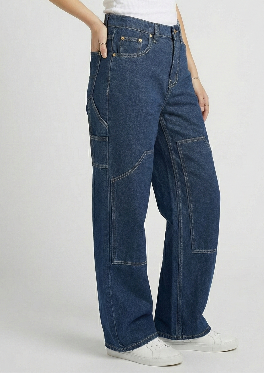 Women’s High-Rise Baggy Wide-Leg Jeans with Contrast Stitching