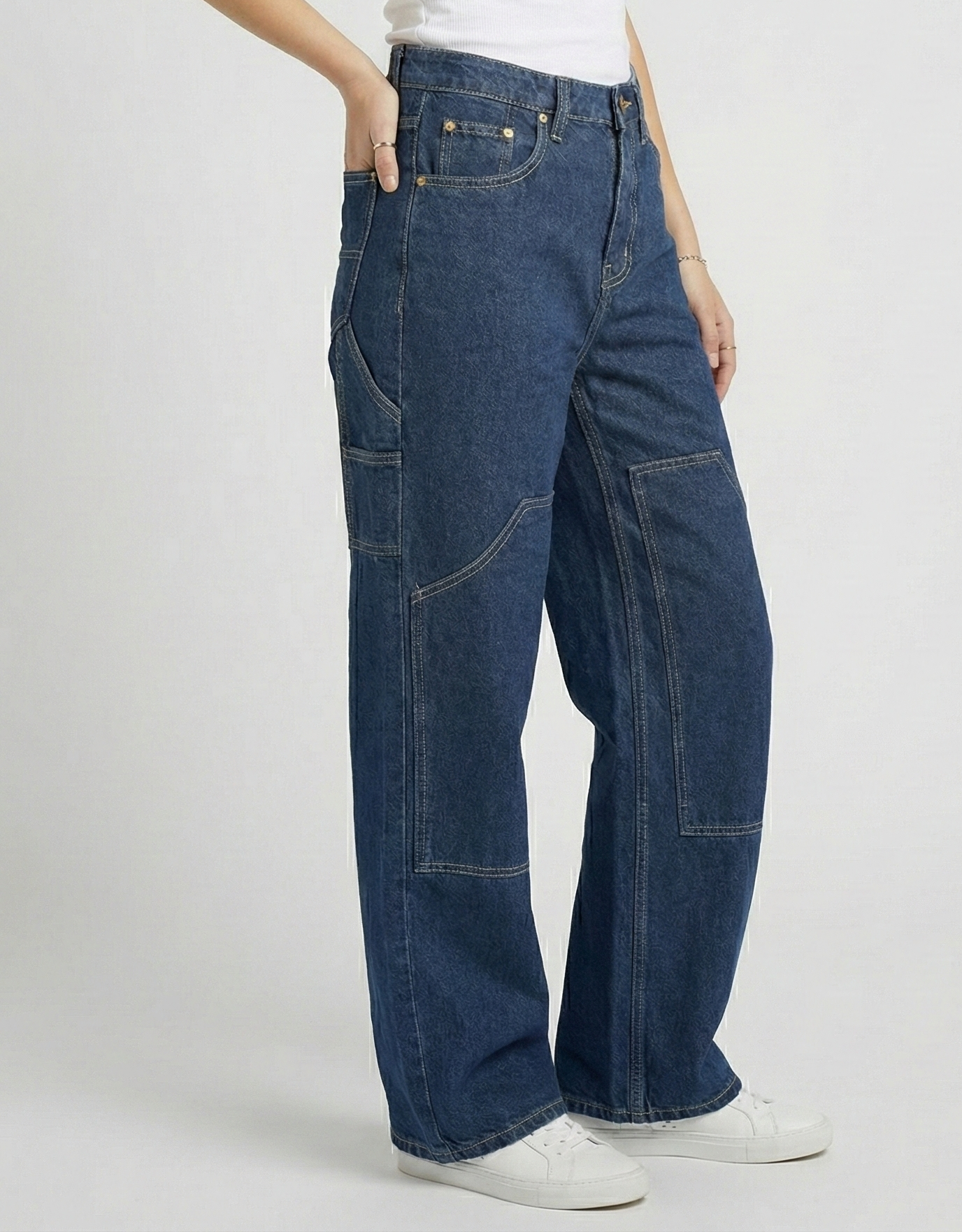 Women’s High-Rise Baggy Wide-Leg Jeans with Contrast Stitching