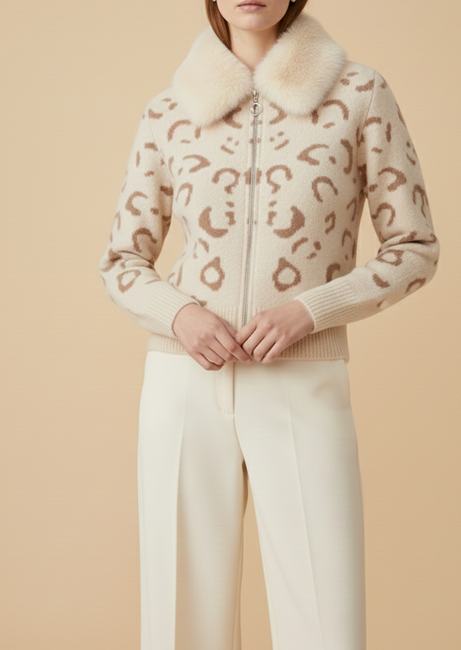 Cream Leopard Knit Cardigan with Faux Fur Collar