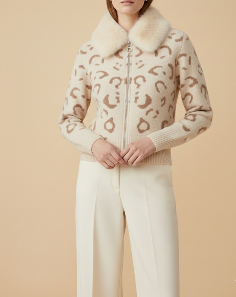 Cream Leopard Knit Cardigan with Faux Fur Collar