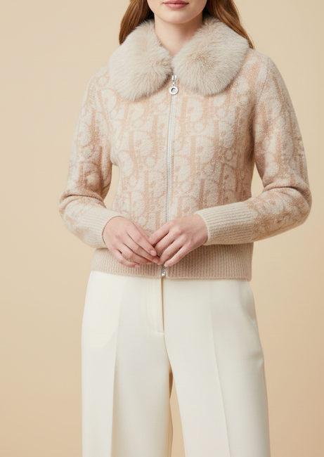 Beige Fuzzy Knit Cardigan with Plush Faux Fur Collar
