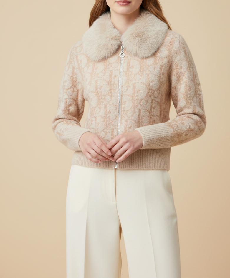 Beige Fuzzy Knit Cardigan with Plush Faux Fur Collar