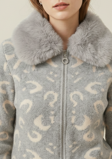 light grey Cardigan with a cream pattern and a grey fur collar