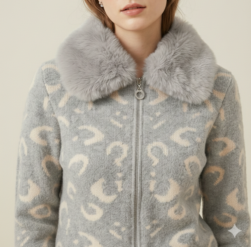 light grey Cardigan with a cream pattern and a grey fur collar