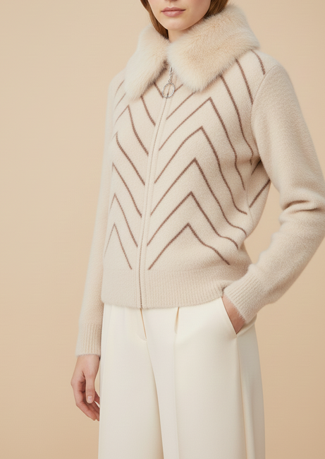Cream Chevron Knit Cardigan with Faux Fur Collar