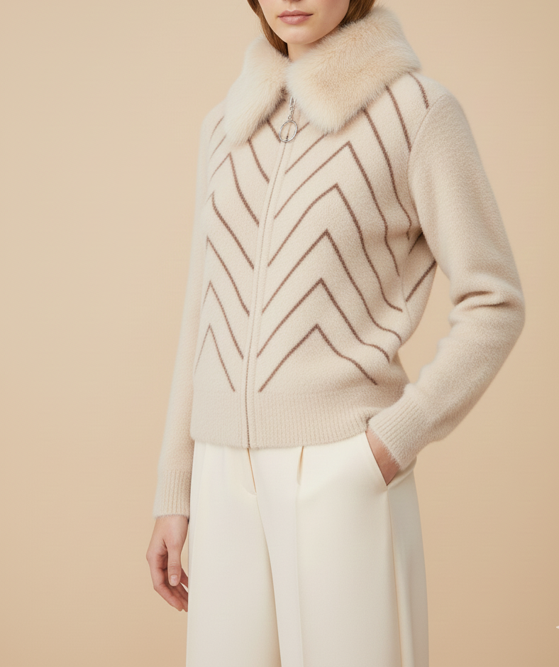 Cream Chevron Knit Cardigan with Faux Fur Collar