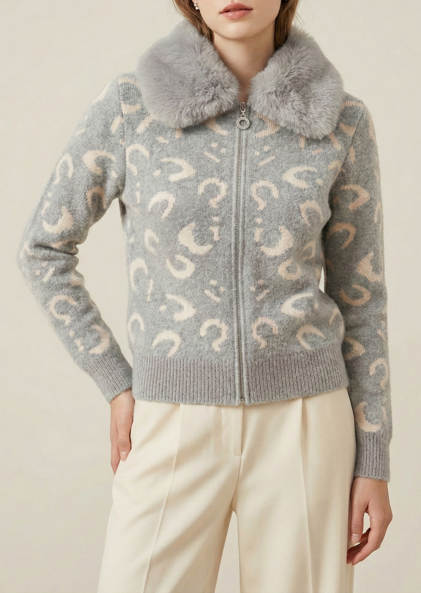 light grey Cardigan with a cream pattern and a grey fur collar