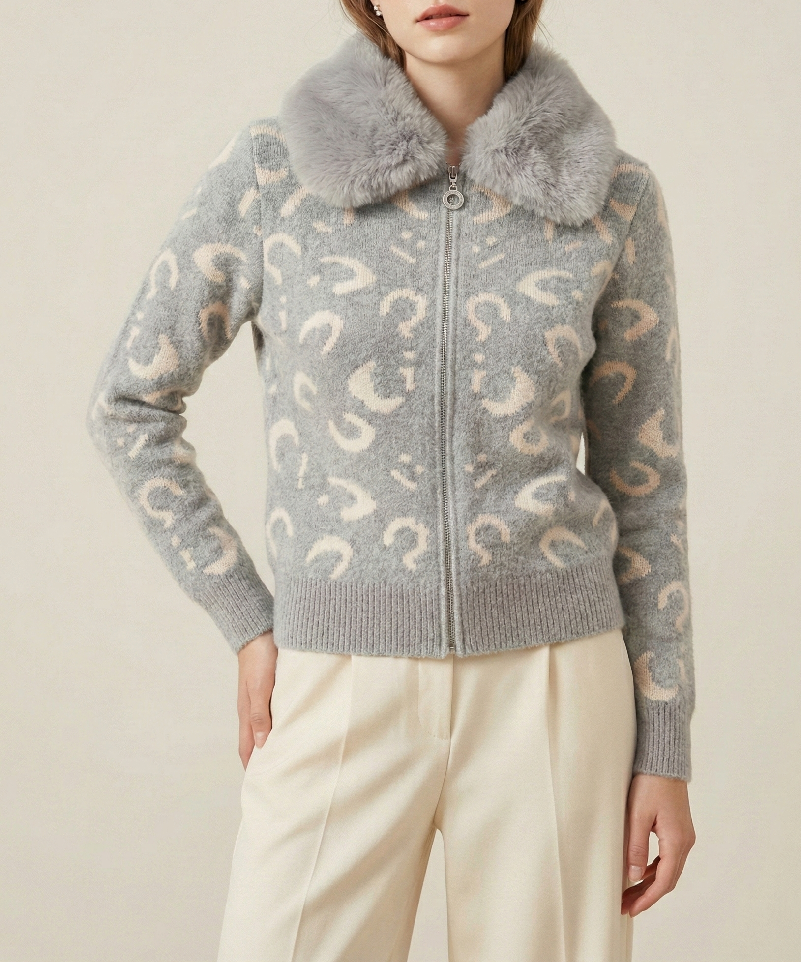light grey Cardigan with a cream pattern and a grey fur collar