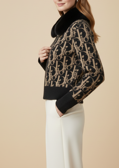 black Leopard Knit Cardigan with Faux Fur Collar