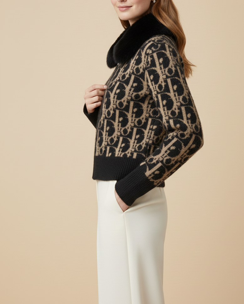 black Leopard Knit Cardigan with Faux Fur Collar