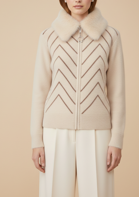 Cream Chevron Knit Cardigan with Faux Fur Collar