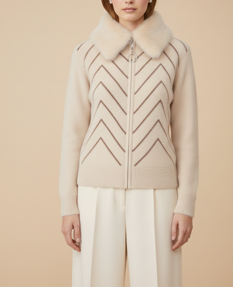Cream Chevron Knit Cardigan with Faux Fur Collar