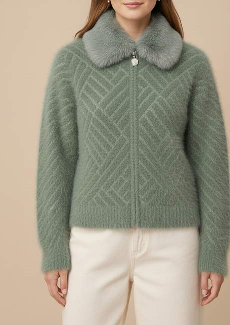 Luxury Fuzzy Knit Cardigan with Faux Fur Collar