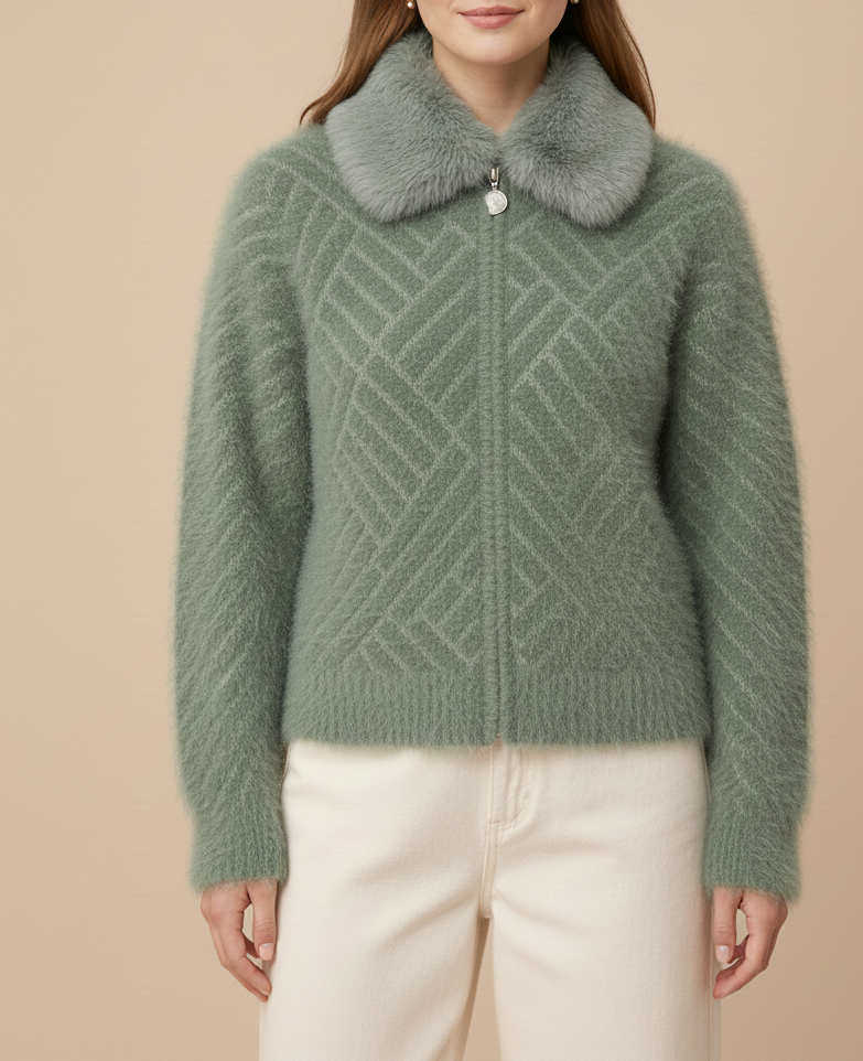 Luxury Fuzzy Knit Cardigan with Faux Fur Collar