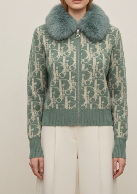 Emerald Green Fur-Collar Women’s Cardigan