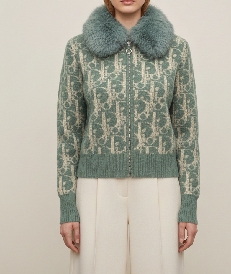 Emerald Green Fur-Collar Women’s Cardigan