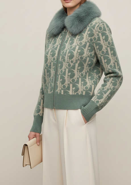 Emerald Green Fur-Collar Women’s Cardigan
