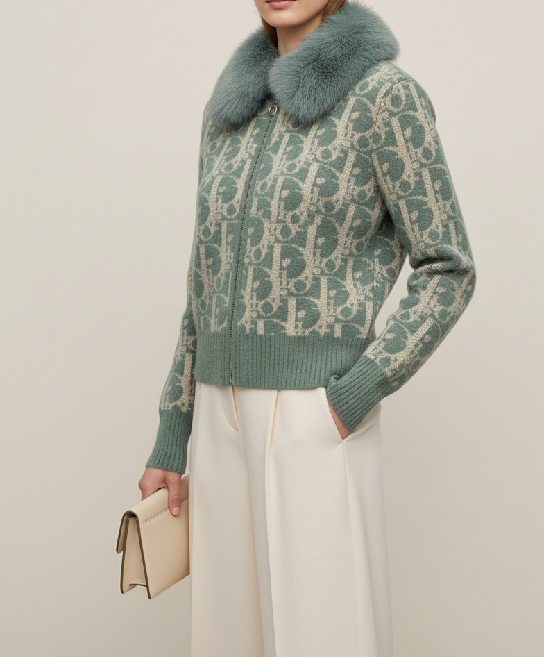 Emerald Green Fur-Collar Women’s Cardigan