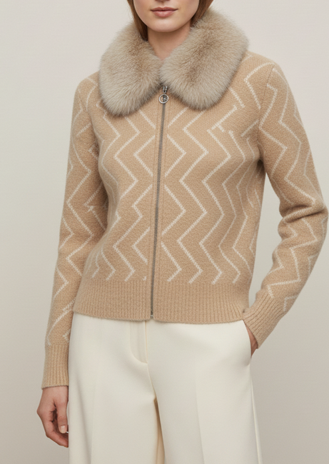Soft Beige Fur-Collar Women’s Cardigan