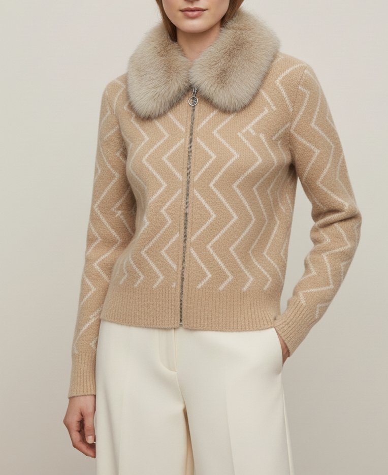 Soft Beige Fur-Collar Women’s Cardigan