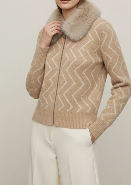 Soft Beige Fur-Collar Women’s Cardigan