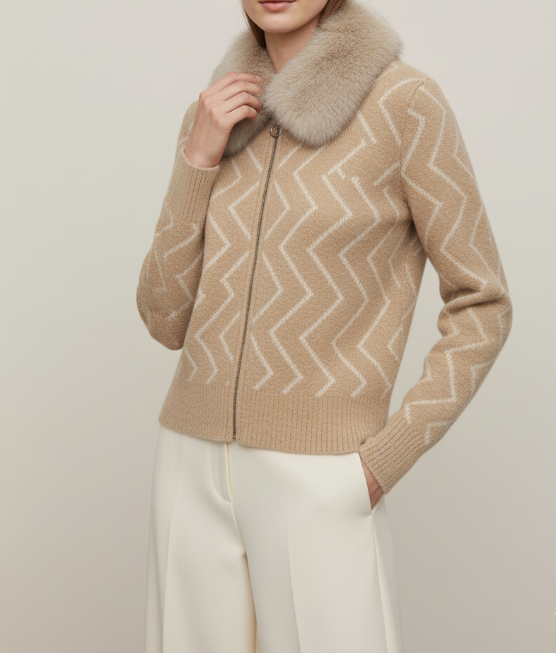 Soft Beige Fur-Collar Women’s Cardigan