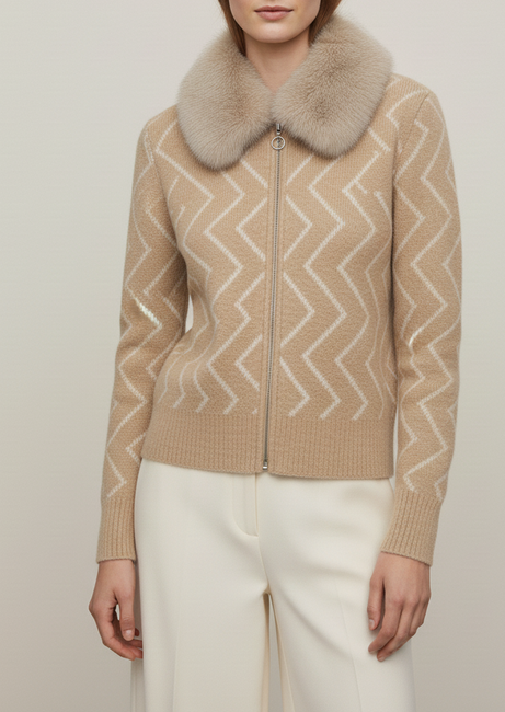 Soft Beige Fur-Collar Women’s Cardigan