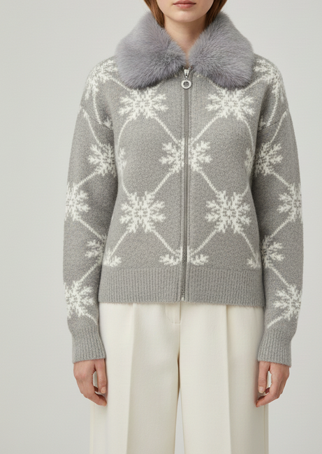 Frost Grey Fur-Collar Snowflake Knit Cardigan