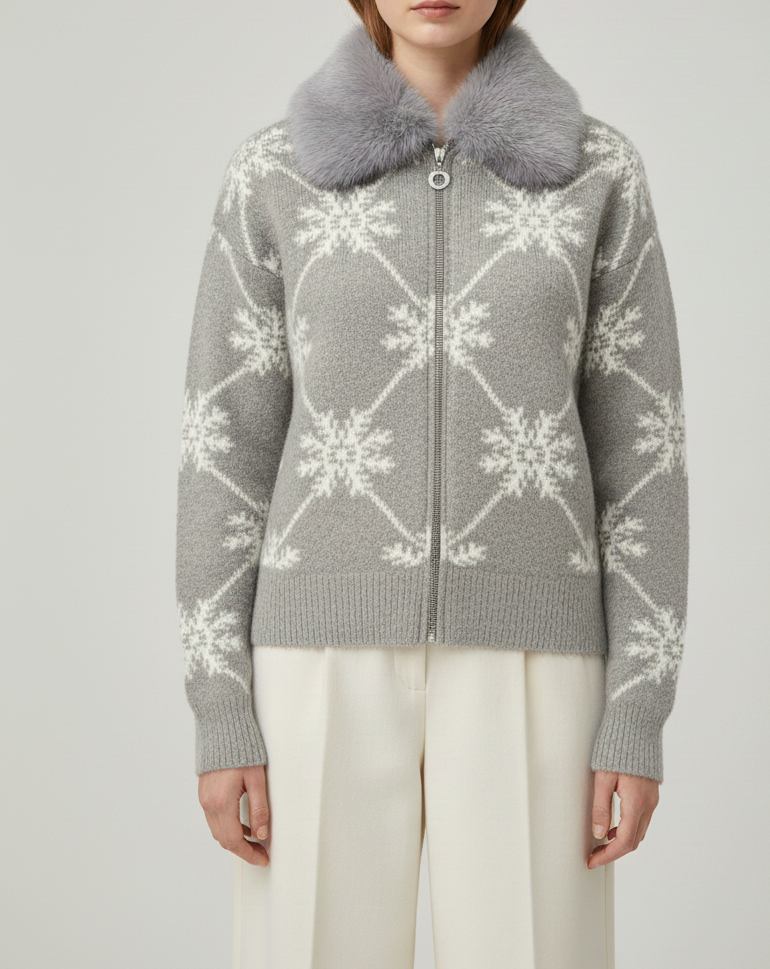 Frost Grey Fur-Collar Snowflake Knit Cardigan