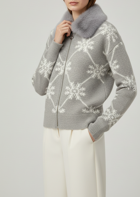 Frost Grey Fur-Collar Snowflake Knit Cardigan