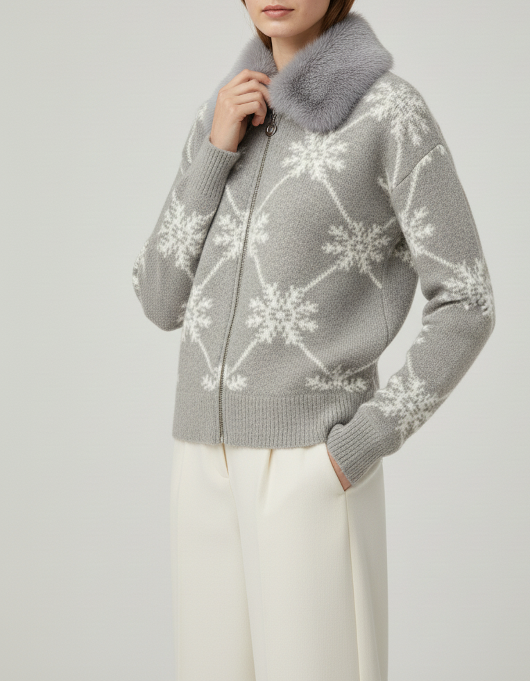 Frost Grey Fur-Collar Snowflake Knit Cardigan