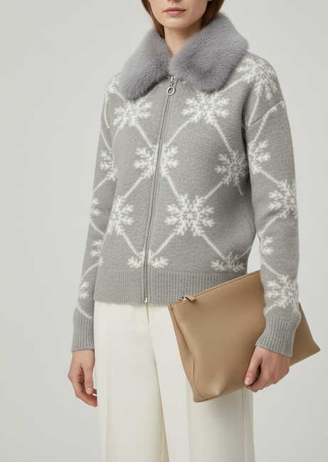 Frost Grey Fur-Collar Snowflake Knit Cardigan
