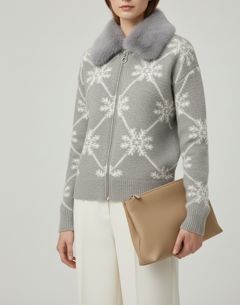 Frost Grey Fur-Collar Snowflake Knit Cardigan