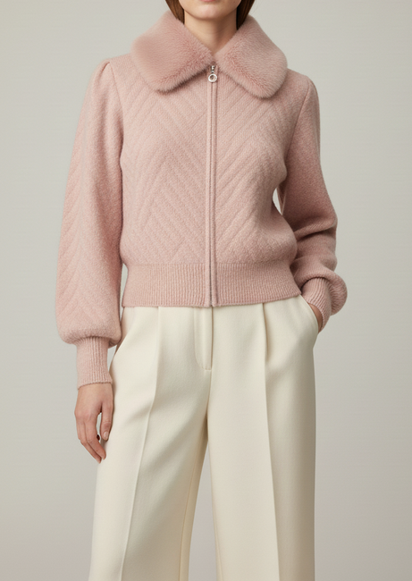 Light Pink Fur-Collar Women’s Cardigan 🌸