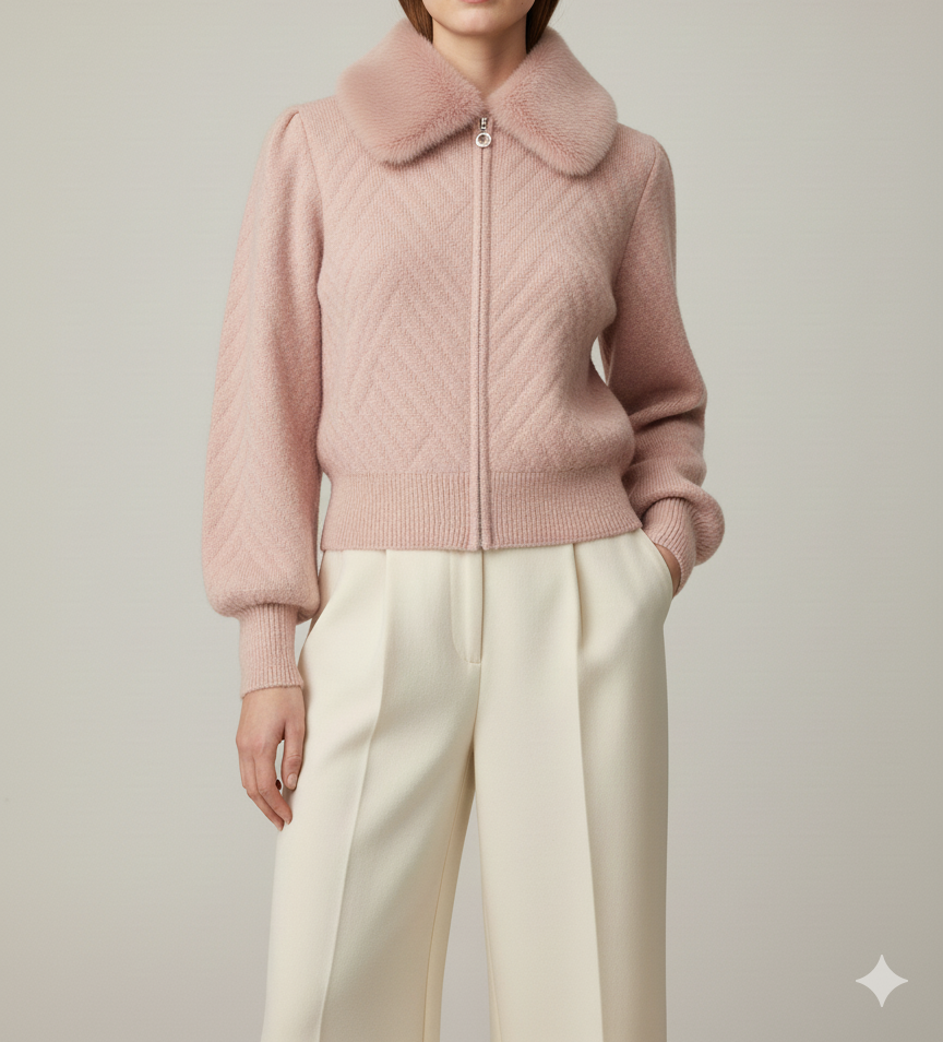 Light Pink Fur-Collar Women’s Cardigan 🌸