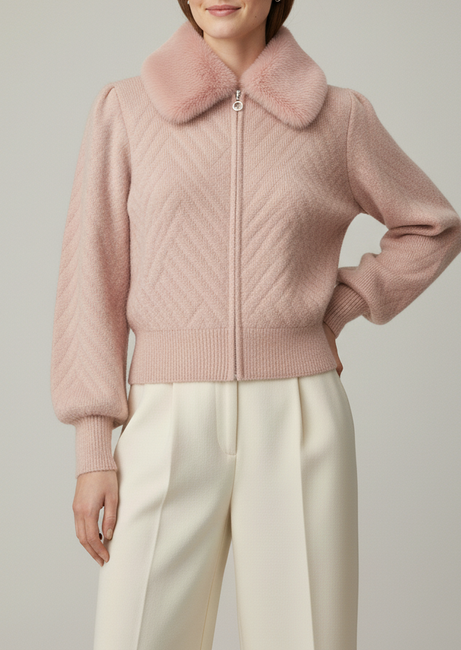 Light Pink Fur-Collar Women’s Cardigan 🌸