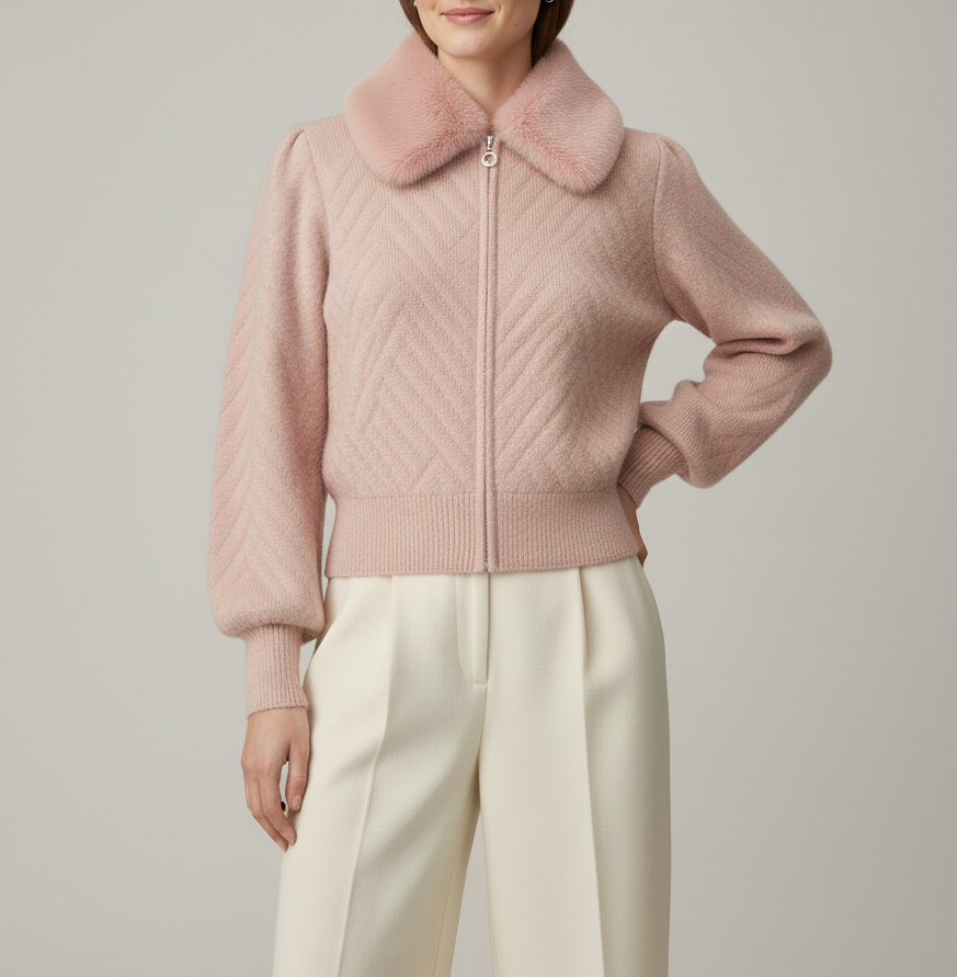 Light Pink Fur-Collar Women’s Cardigan 🌸