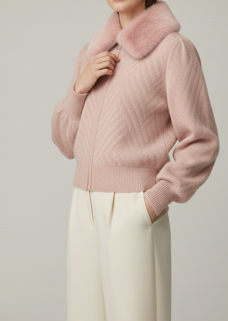 Light Pink Fur-Collar Women’s Cardigan 🌸