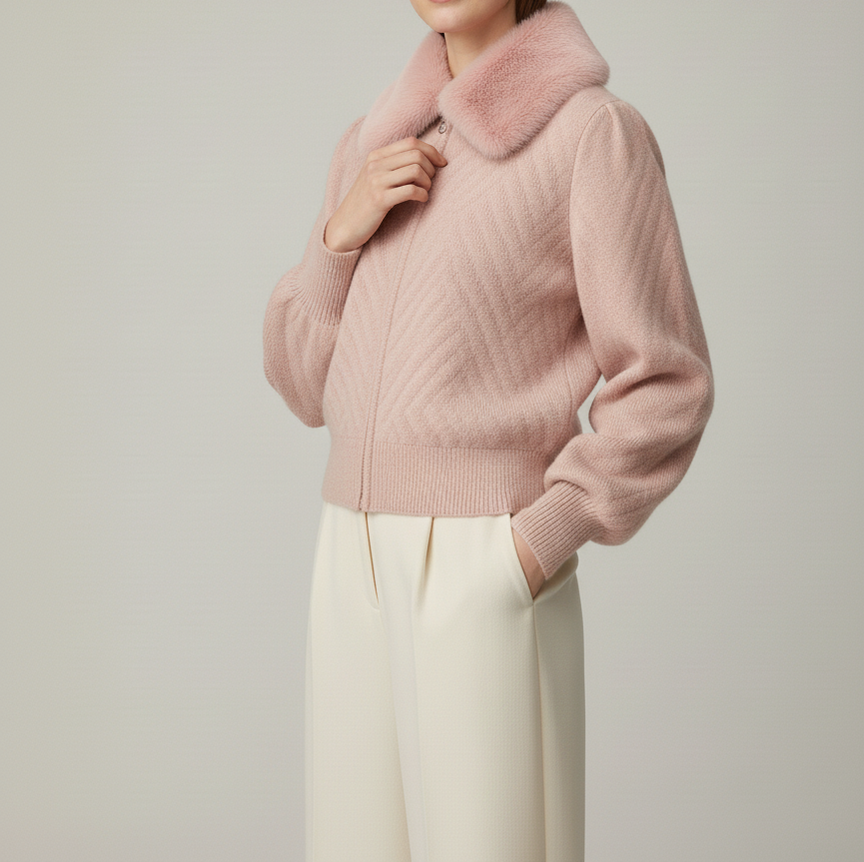 Light Pink Fur-Collar Women’s Cardigan 🌸