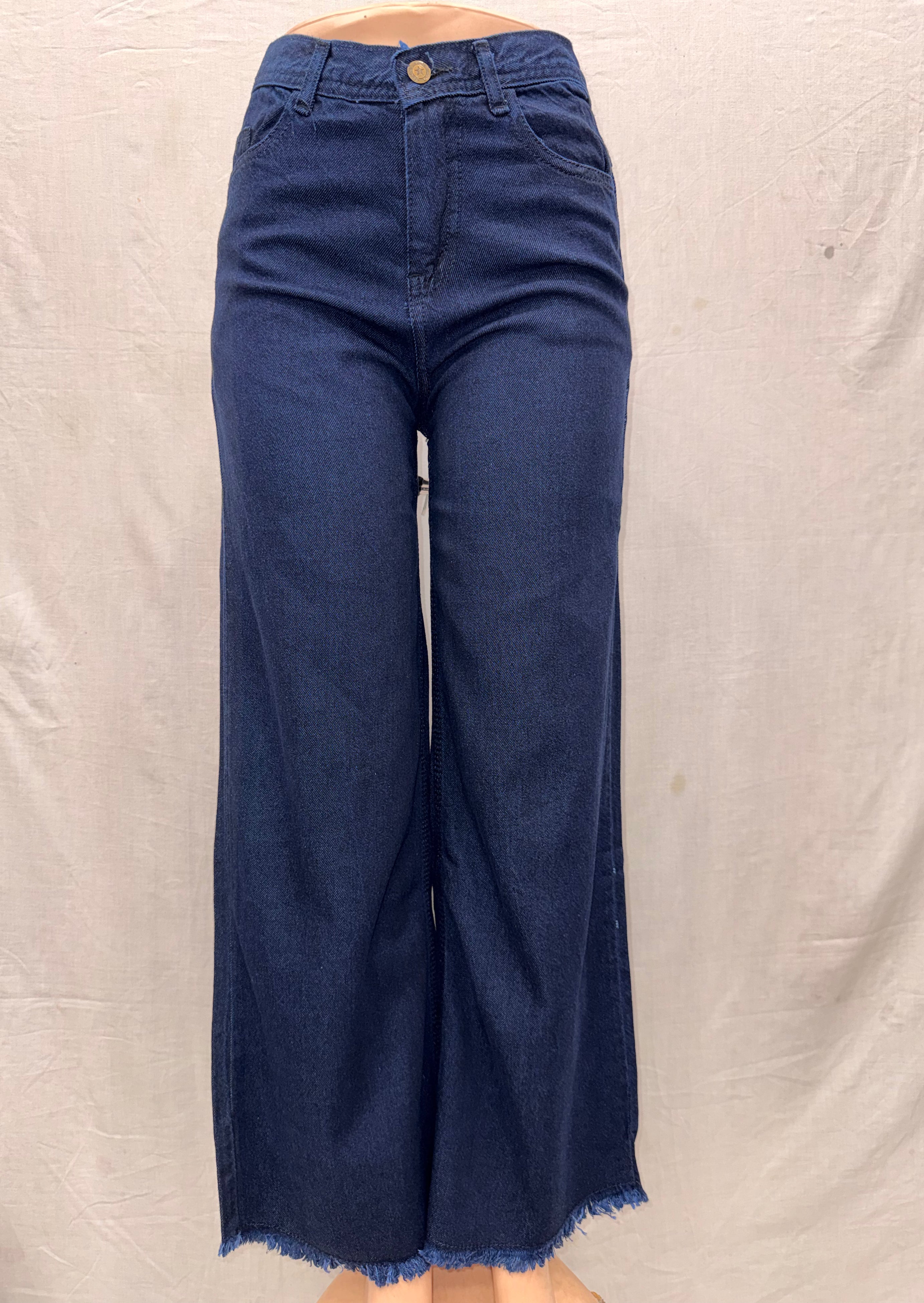 Dark Blue Wide Leg Open Bottom Ladies Jeans, comfort stretch Denim